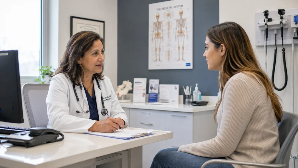 Ärztin und Patientin sitzen im Behandlungszimmer an einem Schreibtisch