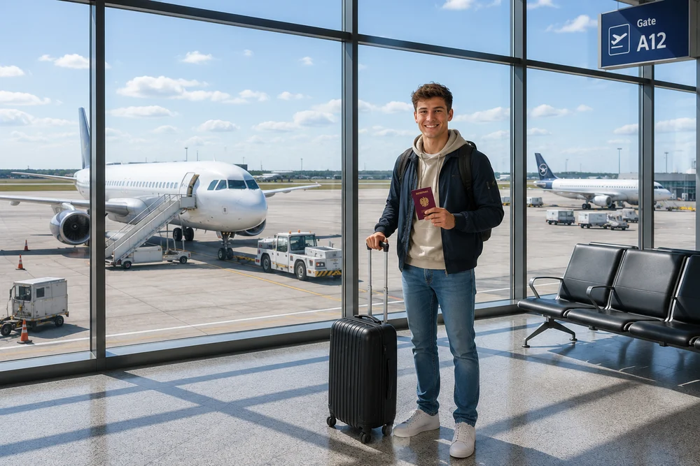 Junger Mann mit Reisepass und Koffer in der Hand in der Abflughalle eines Flughafens stehend