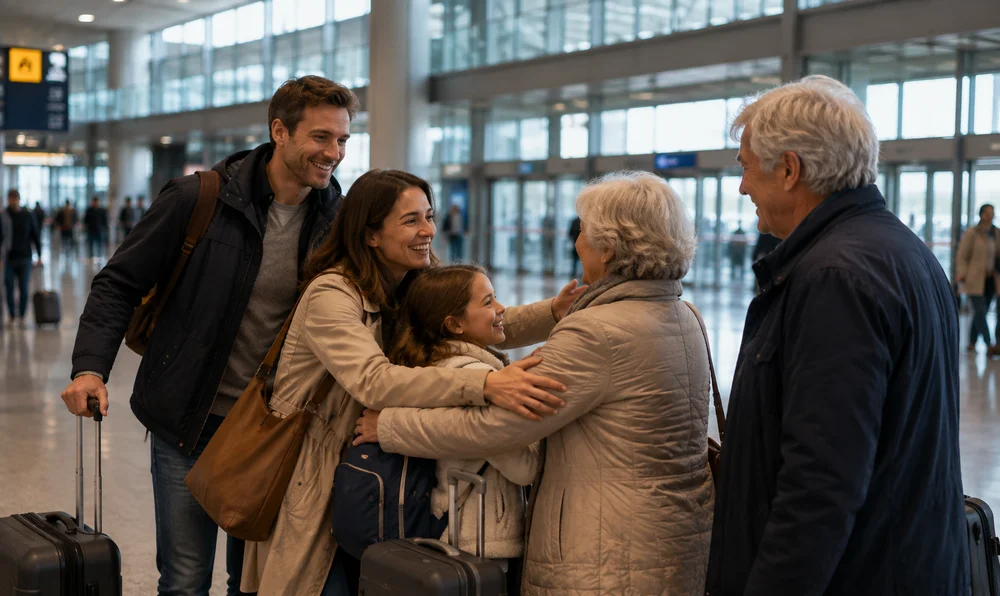 Familie kehrt am Flughafen von Auslandsaufenthalt zurück und wird von Eltern / Großeltern empfangen