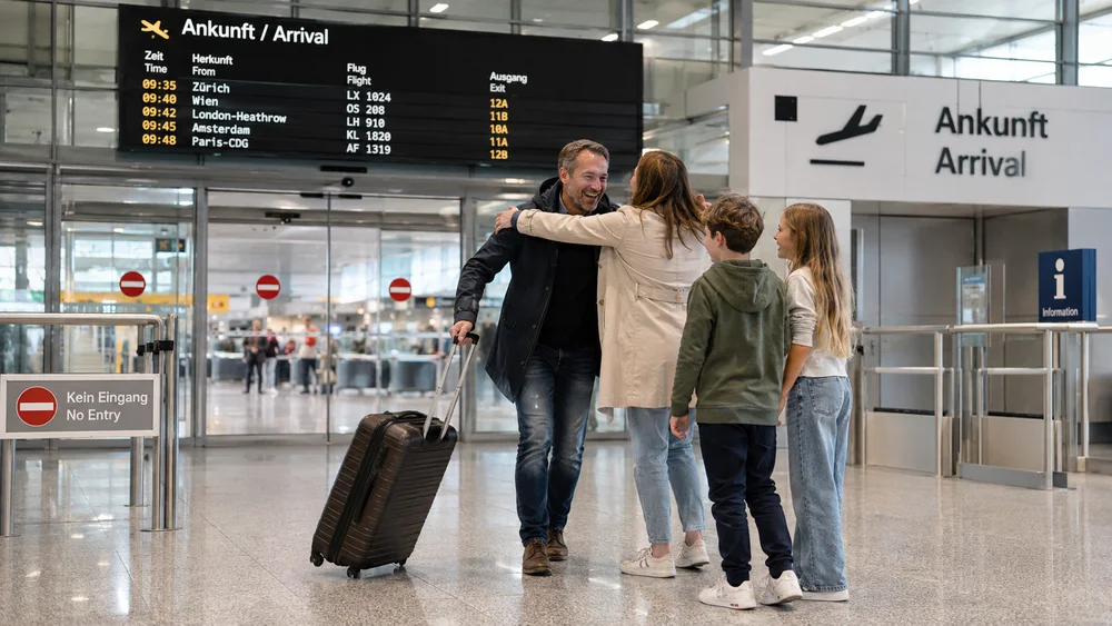 Mann kehrt am Flughafen zur Familie zurück